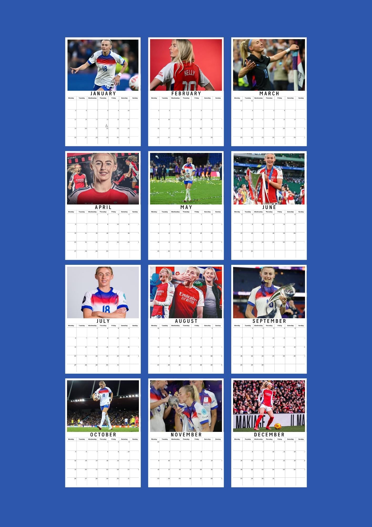 Chloe Kelly inspired Calendar 2026,  Yearly Calendar, Custom Photos Calendar, 12 Month Photos Calendar, Football calendar